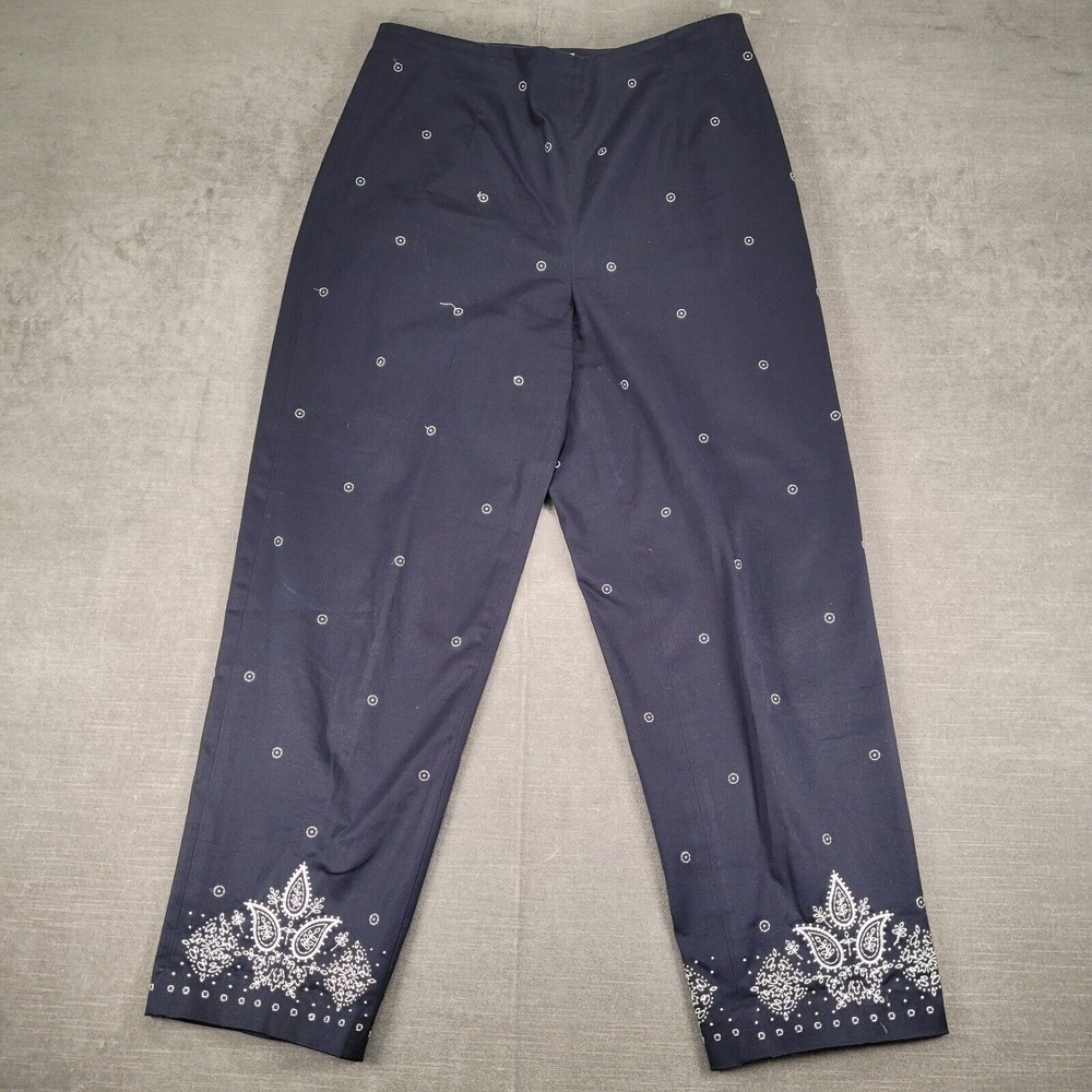 Talbots Petites Cropped Pants Paisley Print Embroidered Ankle Blue Size 10